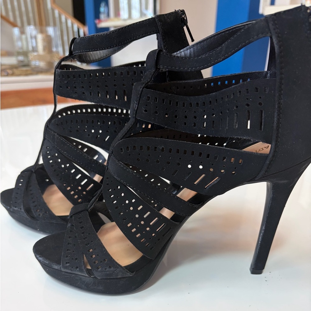 # 530  Apt. 9 NWOT Black Laser-Cut Strappy Stiletto Heels 4” heel